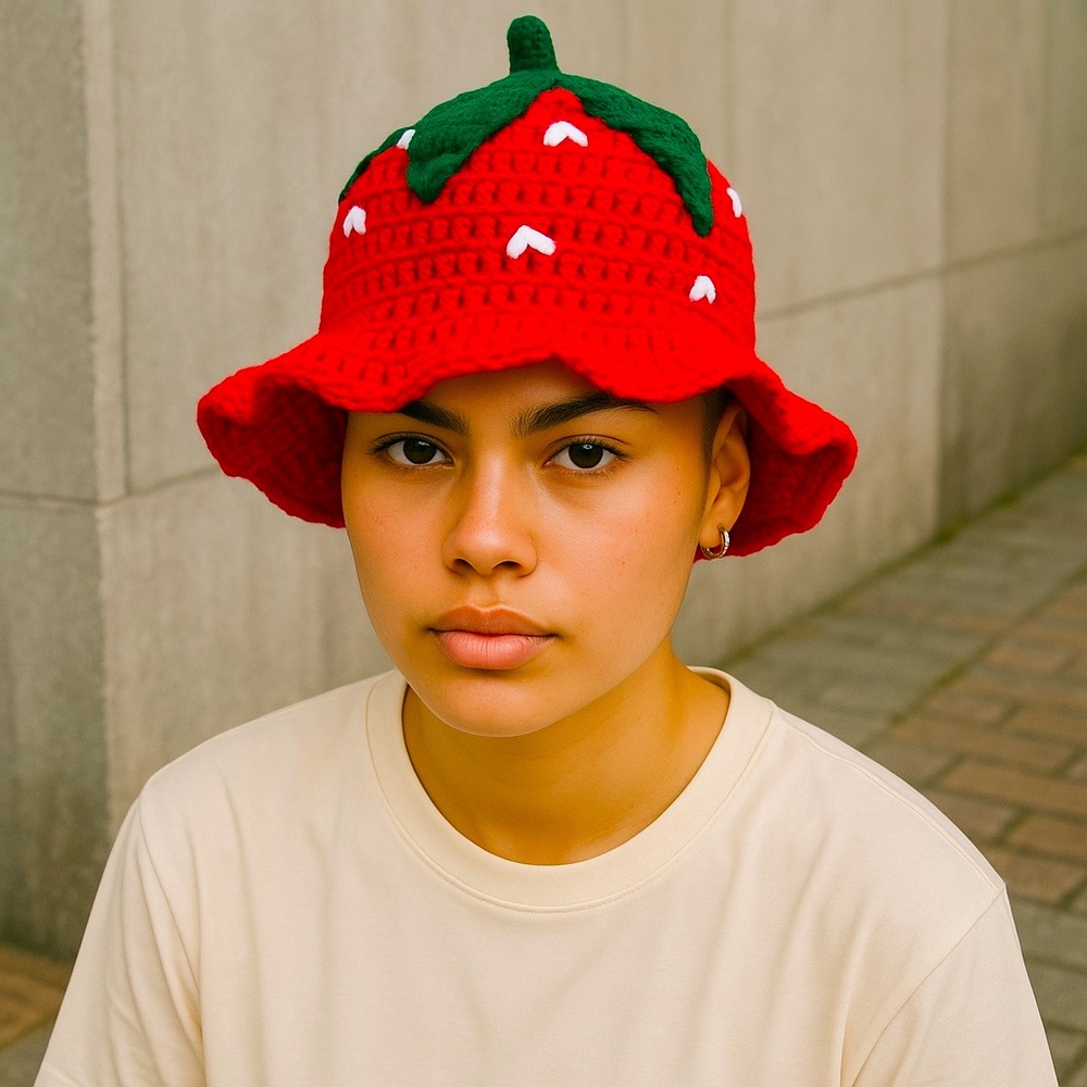 Hand Crafted Strawberry Crochet Bucket Hat Made by seller adult size